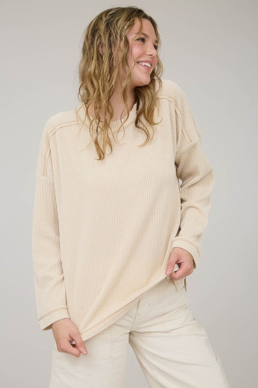 Oatmeal Ribbed Long Sleeve Knit Top