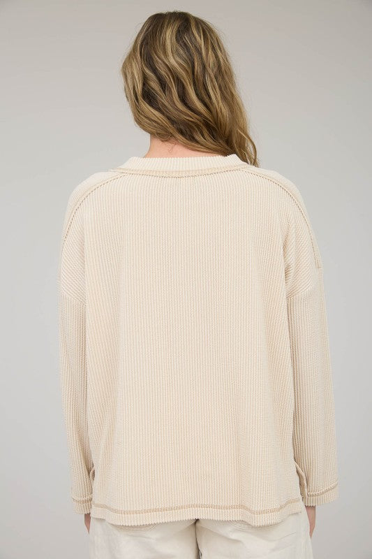 Oatmeal Ribbed Long Sleeve Knit Top