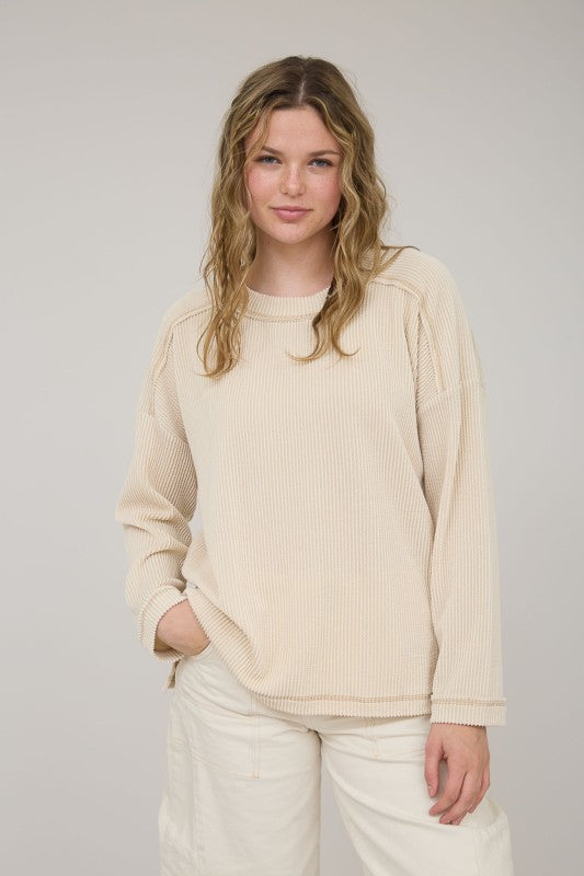 Oatmeal Ribbed Long Sleeve Knit Top