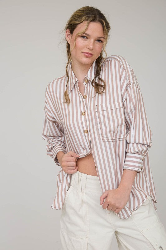 Brown Stripe Collared Button Down Shirt