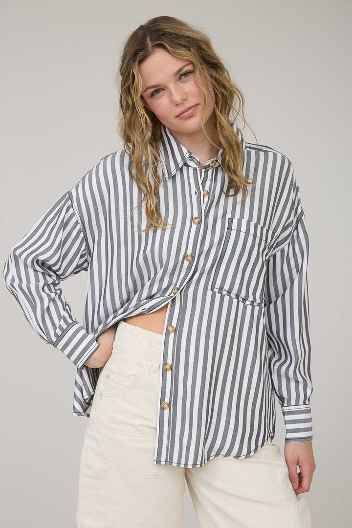 Black Stripe Collared Button Down Shirt