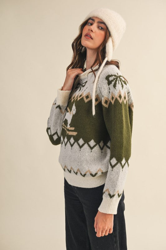 Olive Beige Dog Motif Sweater