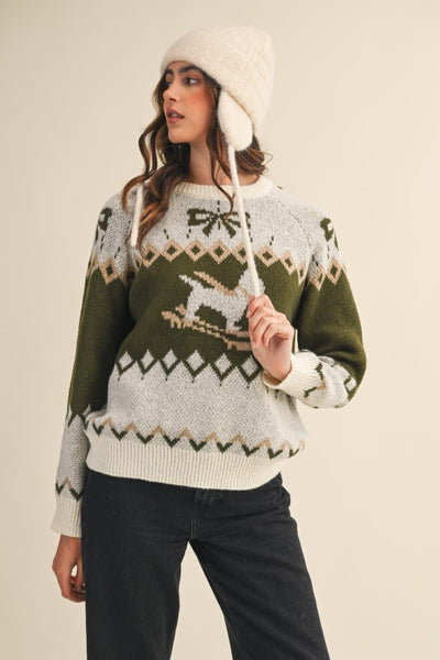 Olive Beige Dog Motif Sweater