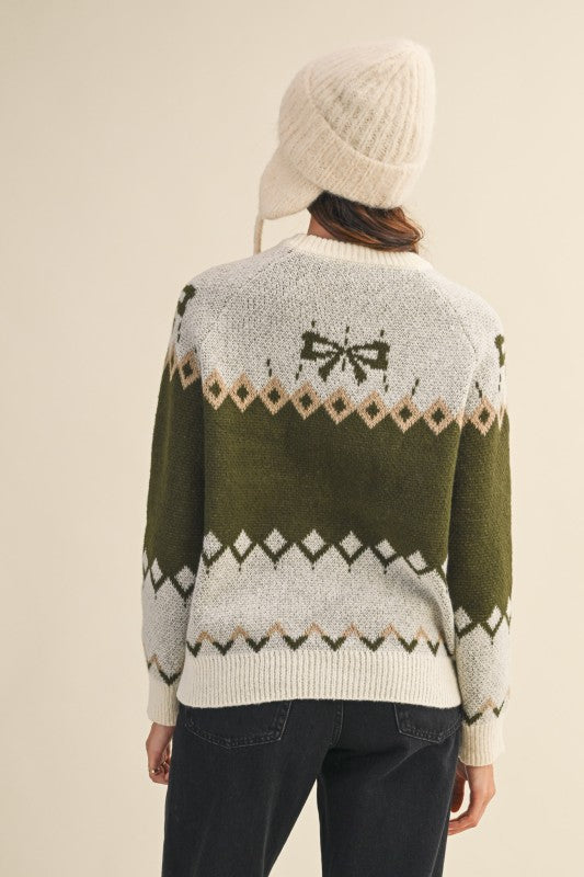 Olive Beige Dog Motif Sweater