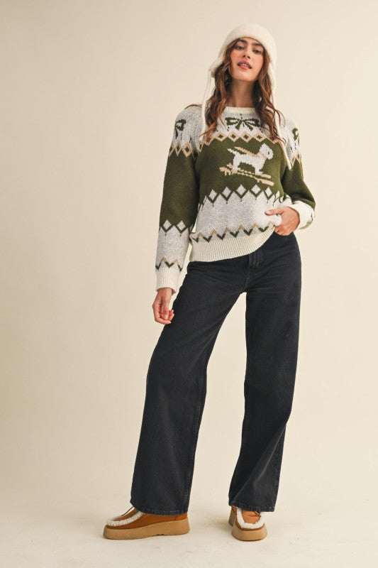 Olive Beige Dog Motif Sweater