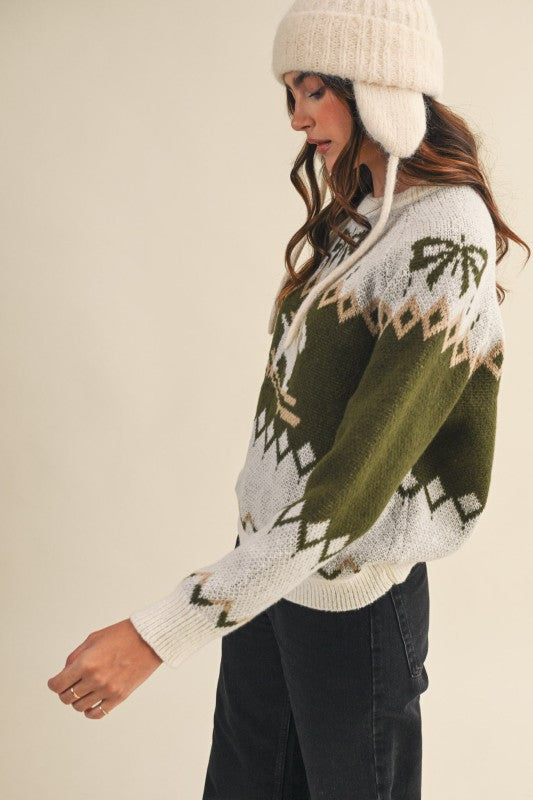Olive Beige Dog Motif Sweater