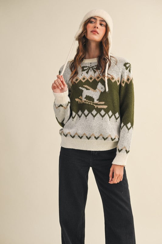 Olive Beige Dog Motif Sweater