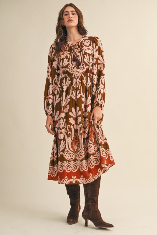 Gingerbread Floral Print Midi Dress