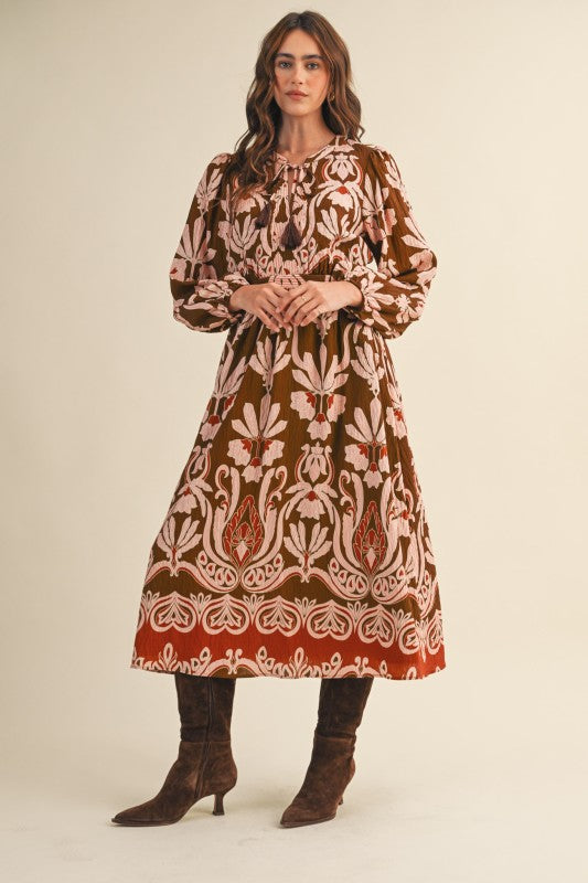 Gingerbread Floral Print Midi Dress