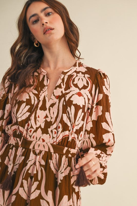 Gingerbread Floral Print Midi Dress