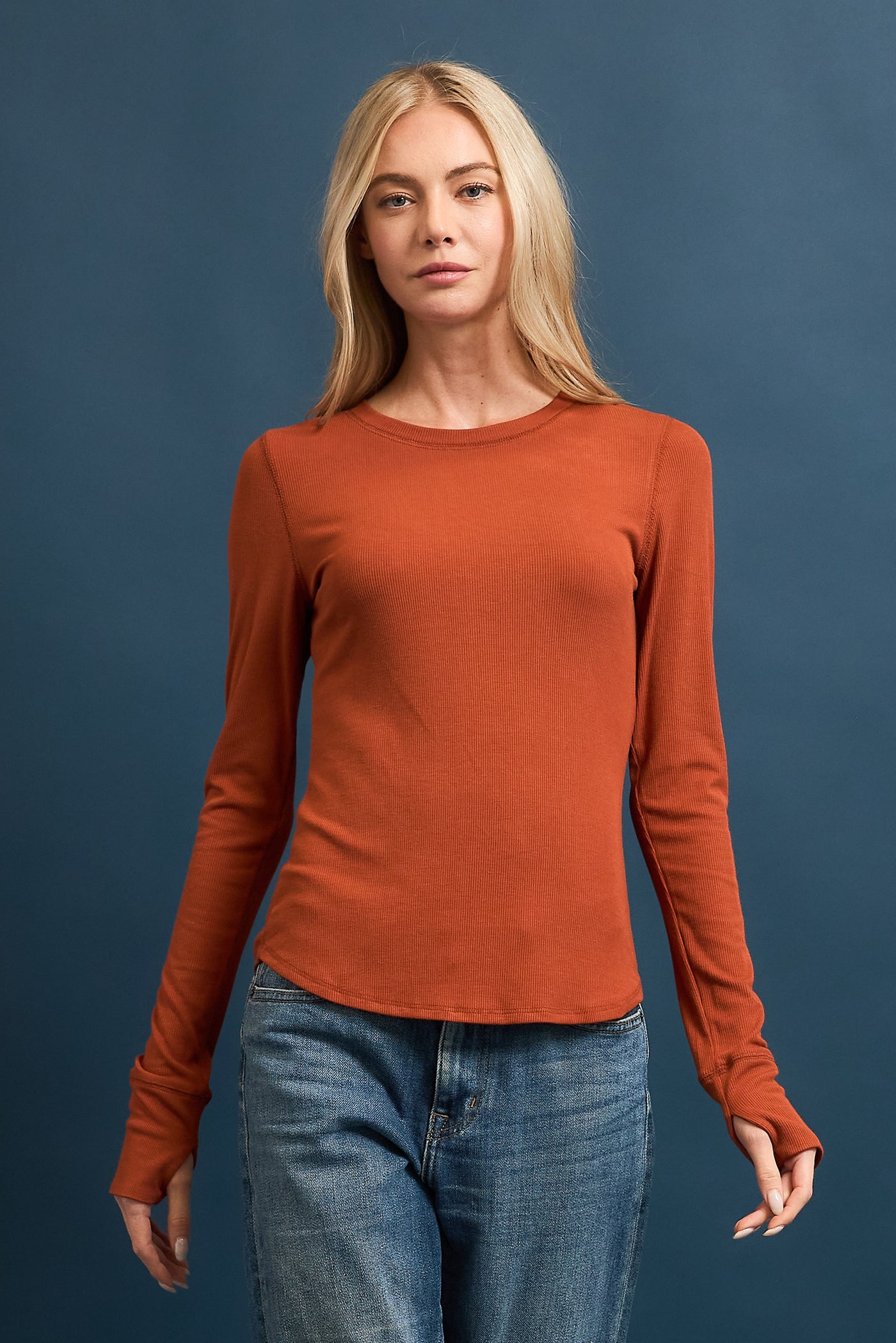 Rust Ribbed Long Sleeve Top