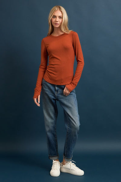 Rust Ribbed Long Sleeve Top