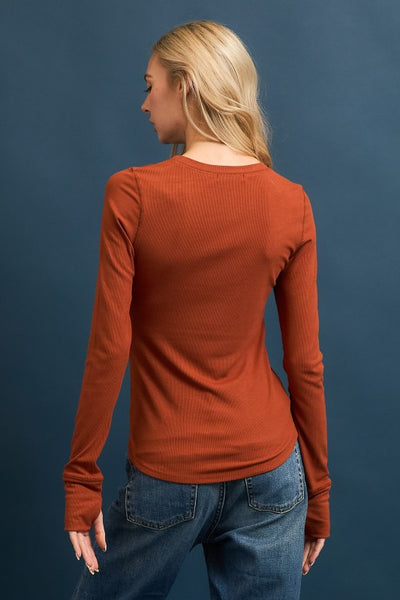 Rust Ribbed Long Sleeve Top