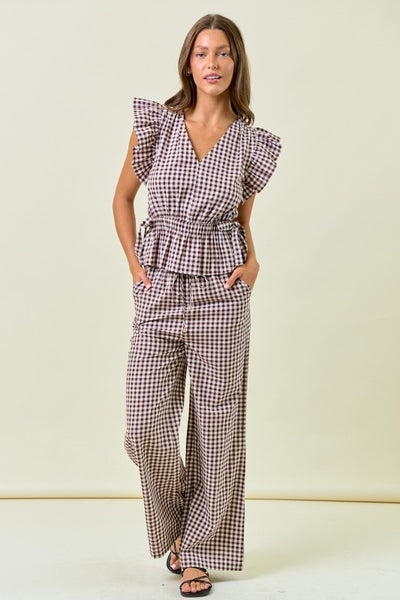 Brown Gingham Ruffle Peplum Top