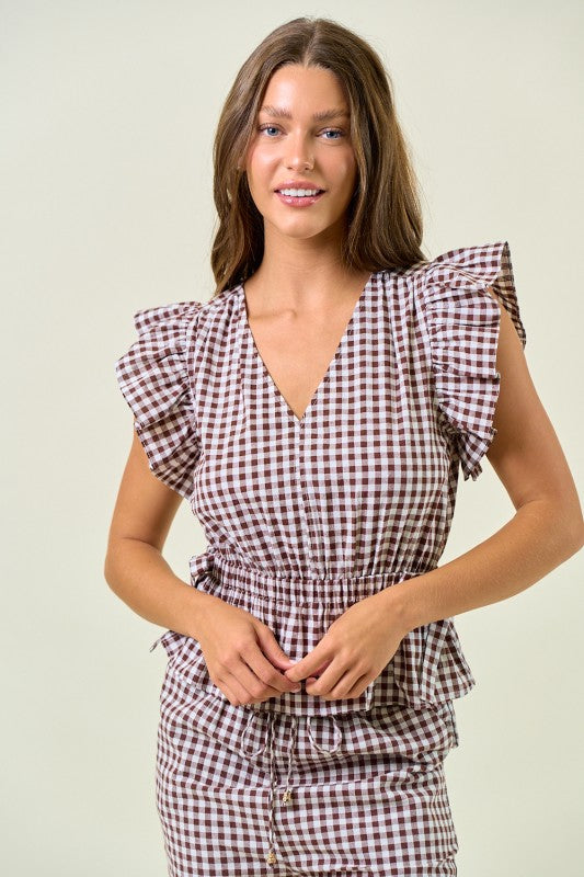 Brown Gingham Ruffle Peplum Top