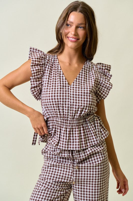 Brown Gingham Ruffle Peplum Top