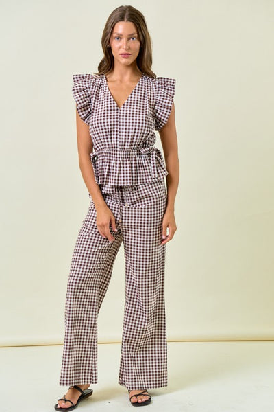Brown Gingham Ruffle Peplum Top