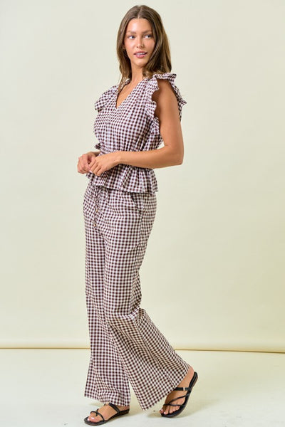 Brown Gingham Ruffle Peplum Top