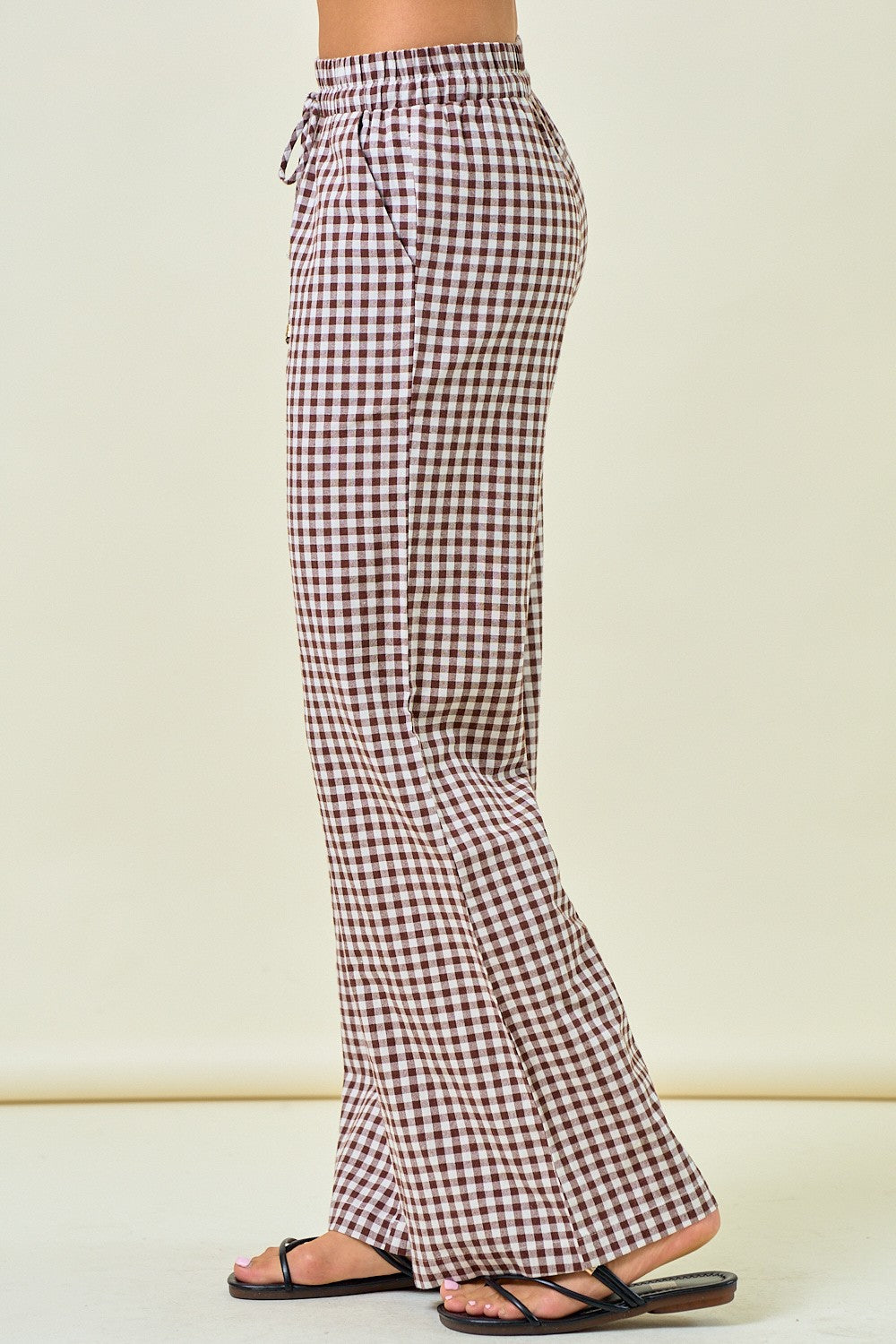 Brown Gingham Wide Leg Pants