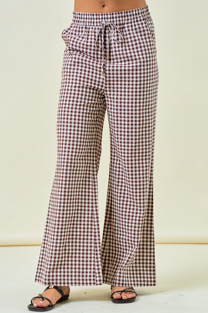 Brown Gingham Wide Leg Pants