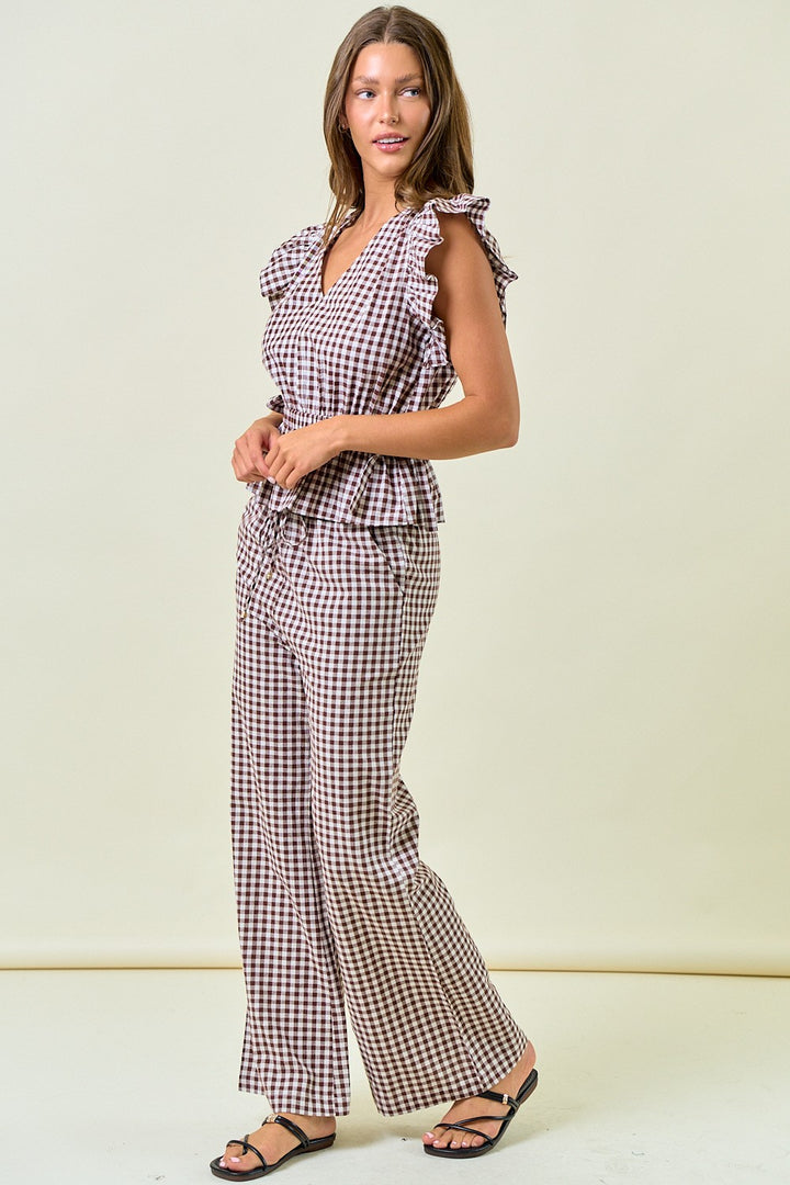 Brown Gingham Wide Leg Pants