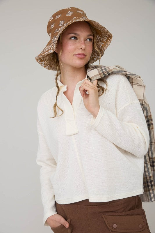 Cream Textured Knit Polo