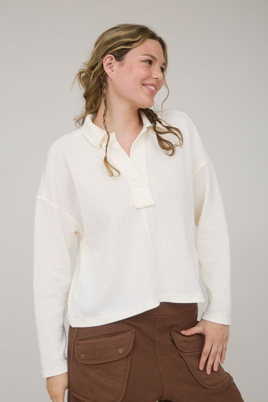 Cream Textured Knit Polo