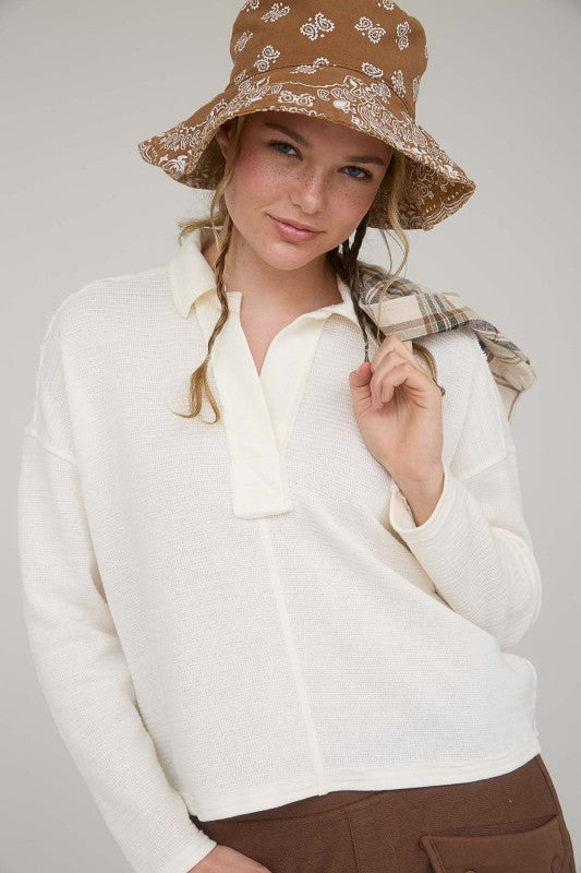 Cream Textured Knit Polo