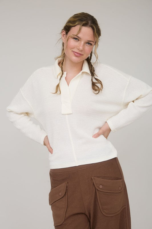 Cream Textured Knit Polo