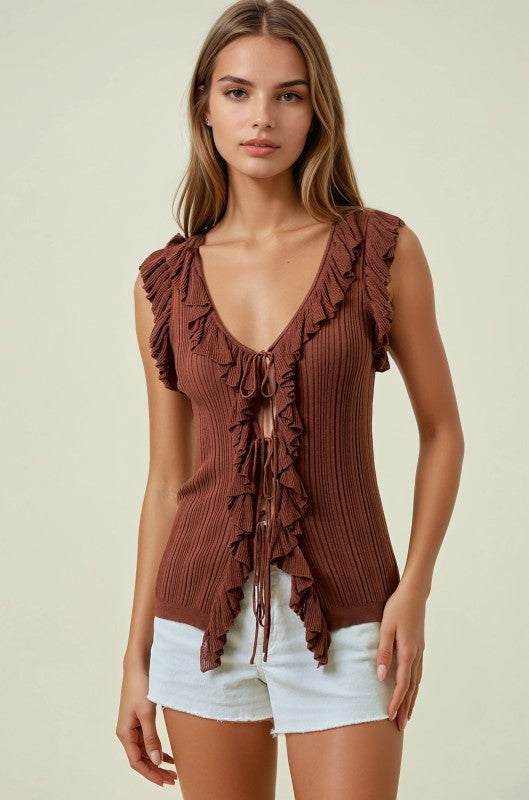Terra Cotta Ruffle Tie Front Tank