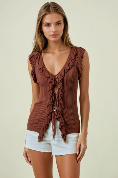 Terra Cotta Ruffle Tie Front Tank