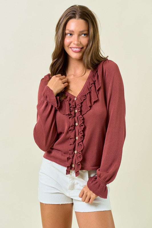 Maroon Button Front Ruffle Top