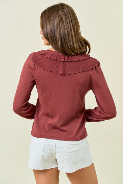 Maroon Button Front Ruffle Top