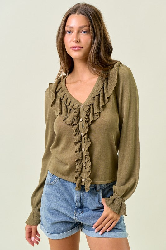 Olive Button Front Ruffle Top
