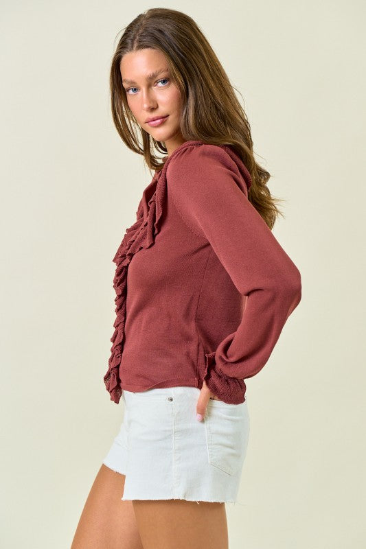 Maroon Button Front Ruffle Top
