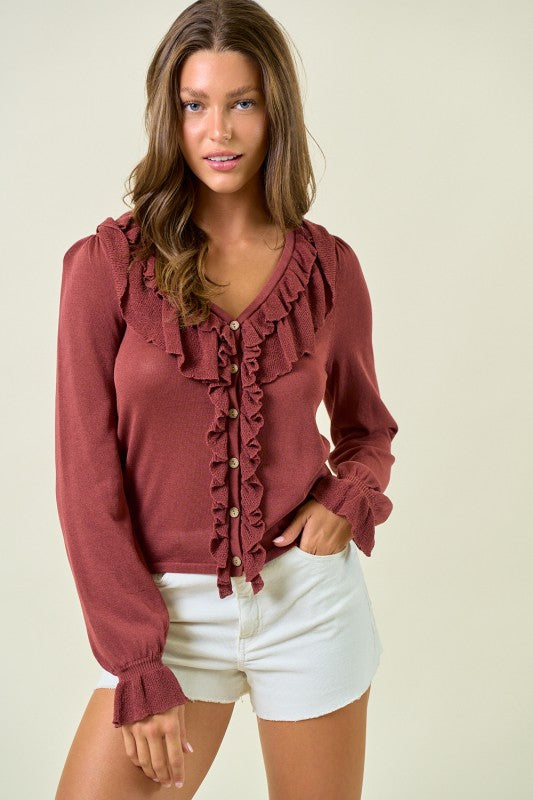 Maroon Button Front Ruffle Top