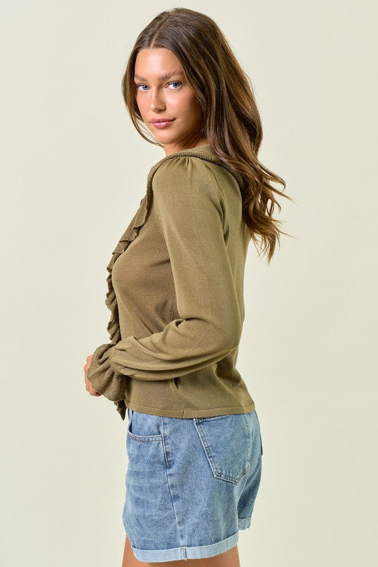 Olive Button Front Ruffle Top