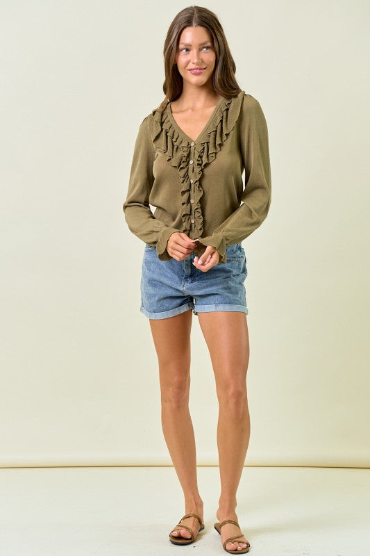 Olive Button Front Ruffle Top