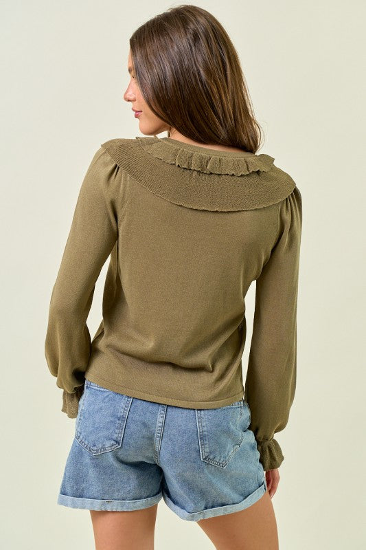 Olive Button Front Ruffle Top