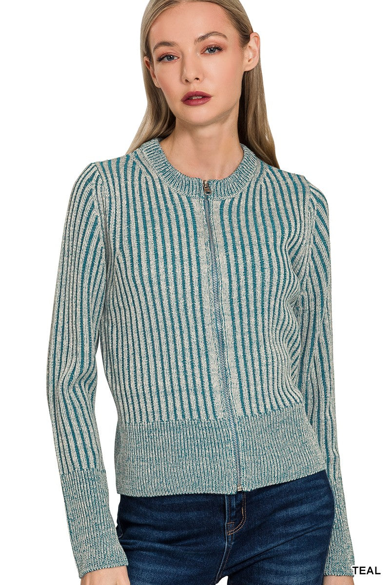 Teal Two Tone Zip Up Sweater