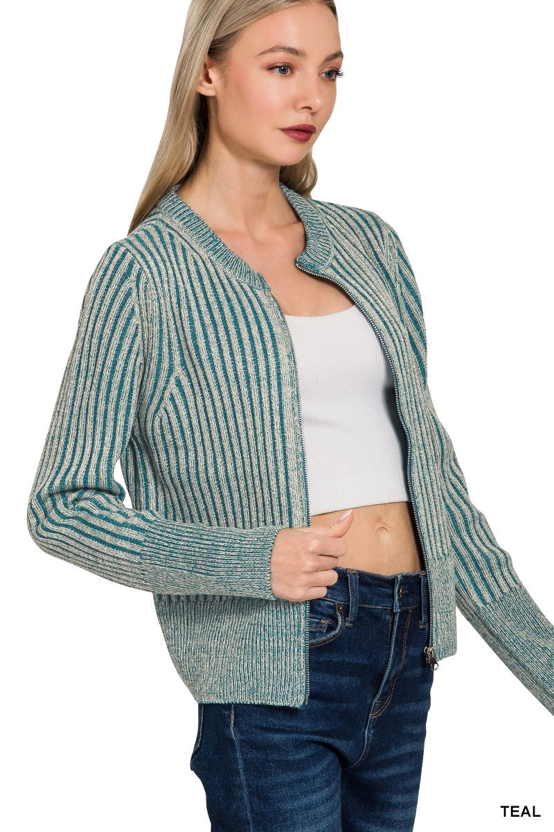 Teal Two Tone Zip Up Sweater