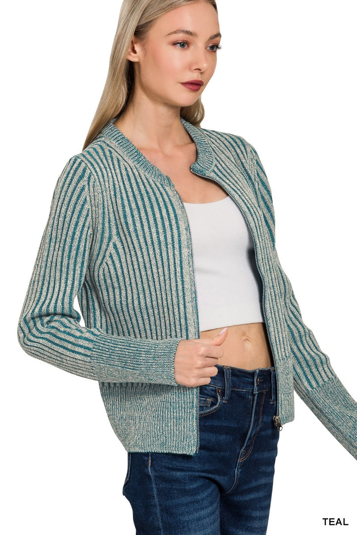 Teal Two Tone Zip Up Sweater