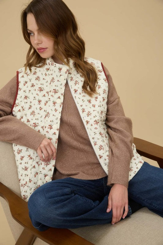 Floral Quilted Zip-up Puffer Vest
