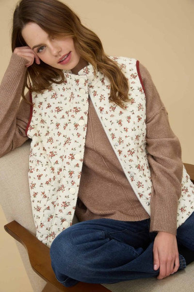 Floral Quilted Zip-up Puffer Vest