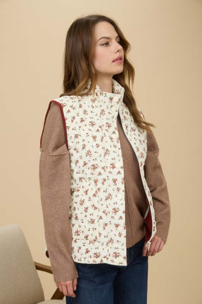 Floral Quilted Zip-up Puffer Vest