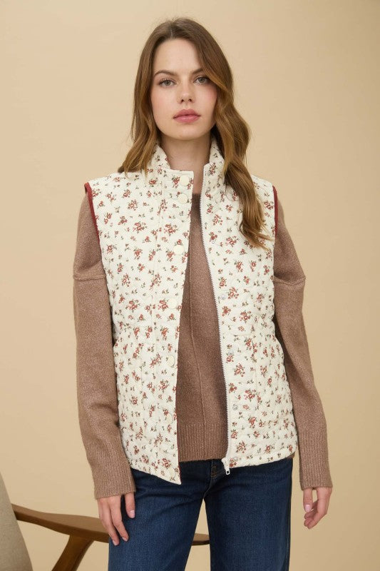 Floral Quilted Zip-up Puffer Vest