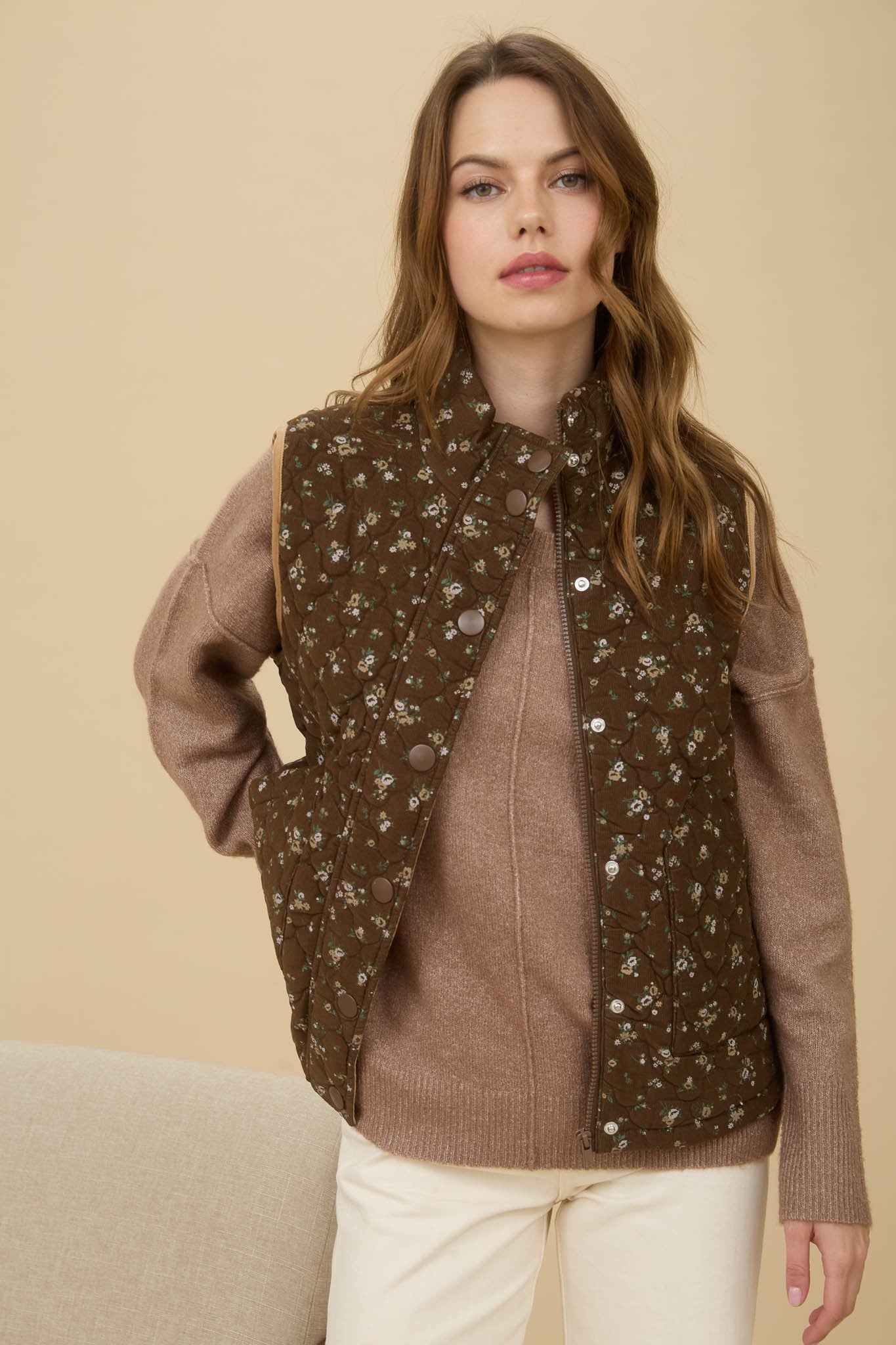 Brown Floral Quilted Zip-up Puffer Vest