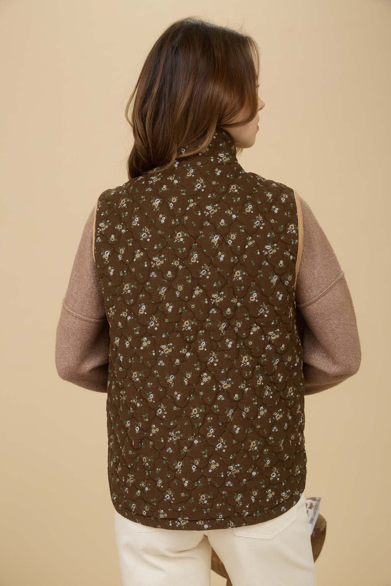 Brown Floral Quilted Zip-up Puffer Vest