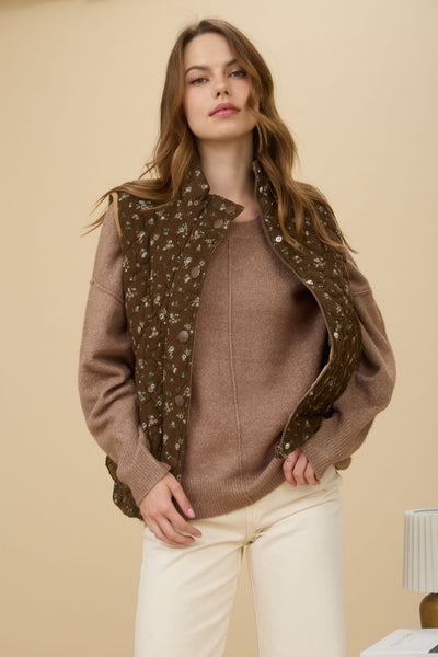 Brown Floral Quilted Zip-up Puffer Vest