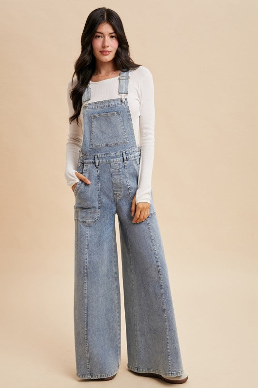 Washed Wide Leg Denim Overalls